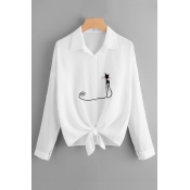 Cat Embroidered Knotted Hem Lapel Collar Long Sleeve Single Breasted Shirt