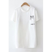 Chinese Embroidered Cat Printed Pocket Round Neck Short Sleeve Tee