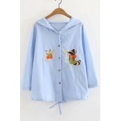 Fox Embroidered Buttons Down Long Sleeve Hooded Sun Proof Coat
