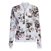 Floral Printed Zip Up Stand Up Collar Long Sleeve Baseball Jacket