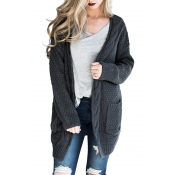 Cable Knit Collarless Plain Long Sleeve Tunic Cardigan