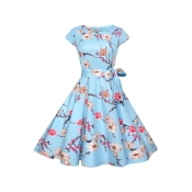 Bow Tied Waist Round Neck Short Sleeve Floral Printed Midi A-Line Dress