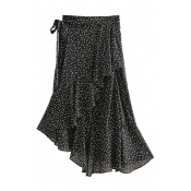 Polka Dot Printed Tied Waist Maxi Asymmetric Skirt
