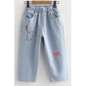Elastic Waist Rabbit Heart Embroidered Crop Jeans