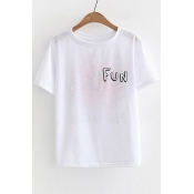FUN Letter Floral Printed Round Neck Short Sleeve Tee