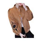 Fashion Pattern Embroidered Stand Up Collar Long Sleeve Zip Up Jacket