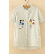 Cartoon Girl Embroidered Buttons Down Stand Up Collar Striped Short Sleeve Shirt