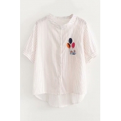 Balloon Mouse Embroidered Striped Printed Stand Up Collar Short Sleeve Buttons Down Shirt