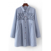 Cat Embroidered Striped Printed Lapel Collar Long Sleeve Buttons Down Tunic Loose Shirt