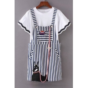 Round Neck Patchwork Embellished Short Sleeve Tee with Dog Embroidered Striped Printed Mini Overall Dress Co-ords