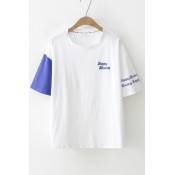 HAPPY Letter Embroidered Color Block Short Sleeve Round Neck Tee