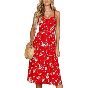 Spaghetti Straps Sleeveless Buttons Down Floral Printed Maxi A-Line Dress