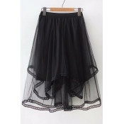 Elastic Waist Plain Midi Asymmetric Mesh Skirt