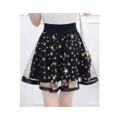 Star Printed Mesh Insert High Waist Mini A-Line Skirt