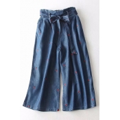 Floral Embroidered Bow Tied Elastic Waist Loose Jeans