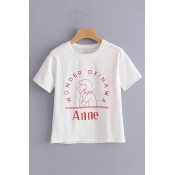 ANNE Letter Character Printed Round Neck Short Sleeve Tee