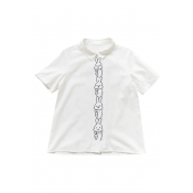 Rabbit Embroidered Placket Lapel Collar Short Sleeve Buttons Down Shirt