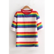 Color Block Colorful Striped Printed Round Neck Short Sleeve Tee