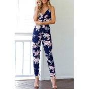 Spaghetti Straps Sleeveless Hollow Out Back Floral Printed Jumpsuit
