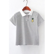 Pineapple Embroidered Lapel Collar Short Sleeve Striped Tee