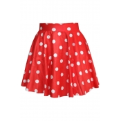 Polka Dot Printed Round Neck Short Sleeve Elastic Waist Mini A-Line Skirt