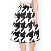 Houndstooth Printed Flare Midi A-Line Skirt