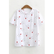 Cats Printed Round Neck Short Sleeve Leisure Tee