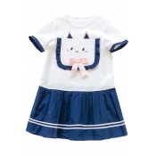 Lovely Cat Embroidered Bow Embellished Round Neck Color Block Striped Printed Mini A-Line Dress