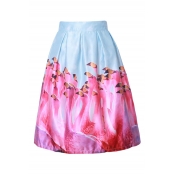 Retro Color Block Flamingo Printed Midi A-Line Skirt