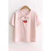Knotted Front Strawberry Embroidered Short Sleeve Tee