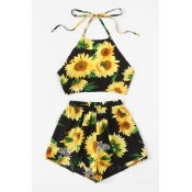 Sun Flower Printed Halter Sleeveless Crop Cami with Elastic Waist Loose Shorts Co-ords