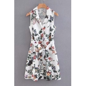 Notched Lapel Collar Sleeveless Floral Printed Tied Waist Midi A-Line Dress