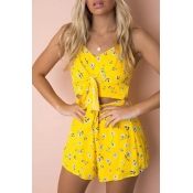 Floral Printed Hollow Out Tied Front Spaghetti Straps Sleeveless Romper