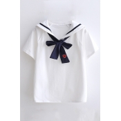 Contrast Striped Navy Collar Bow Tie Embellished Short Sleeve Tee
