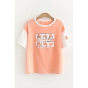 Color Block Cartoon Girl Letter Printed Round Neck Short Sleeve Tee