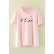 Color Block Cat Printed Round Neck Short Sleeve Loose Tee
