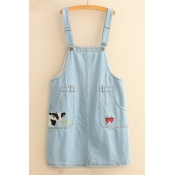 Cow Strawberry Japanese Embroidered Straps Sleeveless Mini Overall Denim Dress