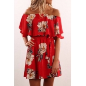 Tied Waist Floral Printed Off The Shoulder Short Sleeve Mini A-Line Dress
