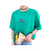 Dinosaur Letter Embroidered Round Neck Short Sleeve Loose Tee