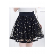 Leaf Embroidered Mesh Insert High Waist Mini A-Line Skirt