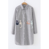Cat Embroidered Lapel Collar Long Sleeve Striped Printed Buttons Down Tunic Shirt