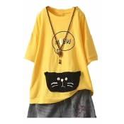 Letter Embroidered Cat Printed Applique Round Neck Half Sleeve Tee