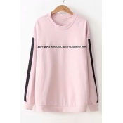 Letter Number Embroidered Contrast Striped Long Sleeve Round Neck Sweatshirt