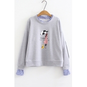 Fake Two Pieces Character Letter Printed Round Neck Long Sleeve Striped Patchwork Trim Sweatshirt