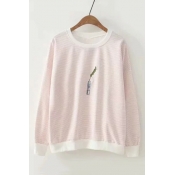 Grass Embroidered Striped Printed Round Neck Long Sleeve Leisure Sweatshirt