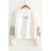 1987 Letter Applique Color Block Cut Out Detail Round Neck Long Sleeve Sweatshirt