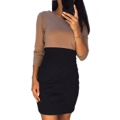 3/4 Length Sleeve Round Neck Color Block Mini Pencil Dress