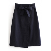 Bow Tie Waist Plain Midi A-Line Asymmetric Skirt