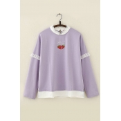Japanese Strawberry Embroidered Mesh Patch Trim Round Neck Long Sleeve Leisure Sweatshirt
