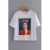 Character Oil Painting Printed Round Neck Short Sleeve Tee